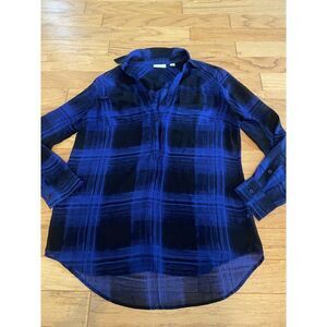 New York & Company womens Blue Plaid Sheer Button-Up collared Blouse size Medium